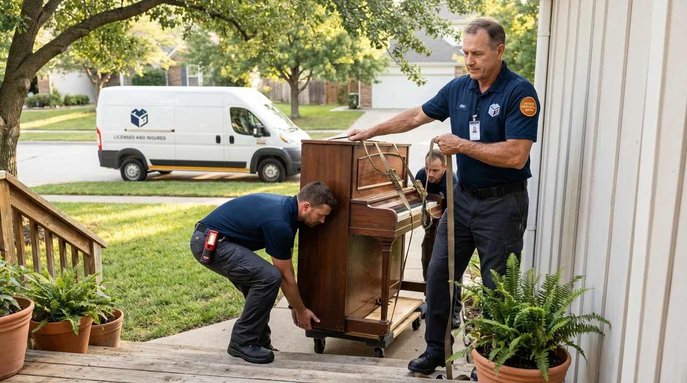 Licensed piano movers securing grand piano in Berkeley Heights, NJ