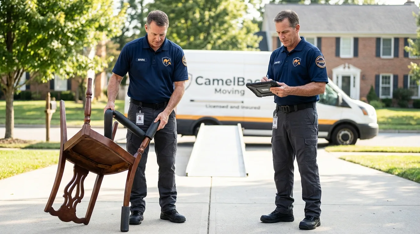 Movers inspecting furniture for damage prevention before loading in Berkeley Heights, NJ