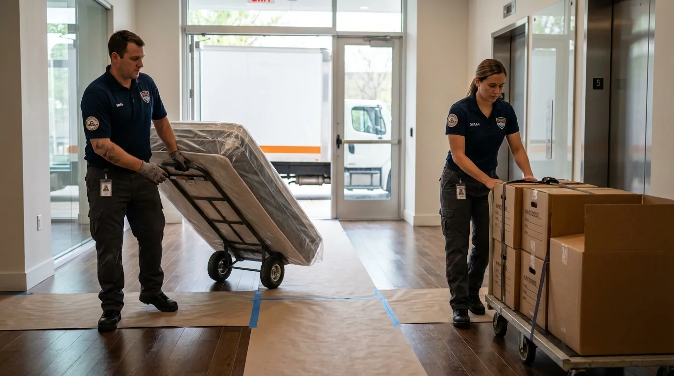 Professional apartment movers loading elevator in Berkeley Heights, NJ